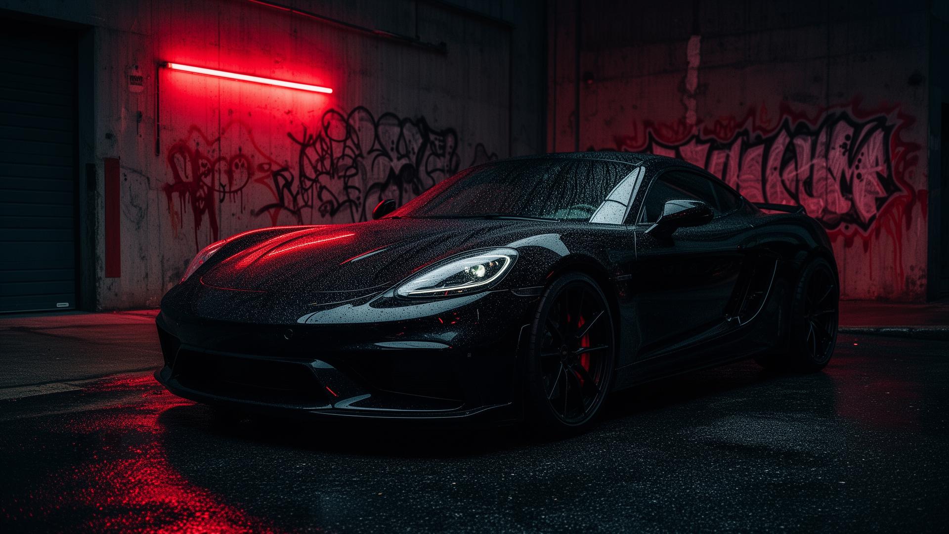 Freshly detailed black sports car under red neon